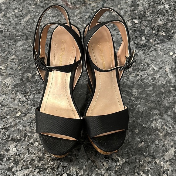 BCBGeneration Black and Natural Wedge Sandals with Ankle Strap - Picture 8 of 10